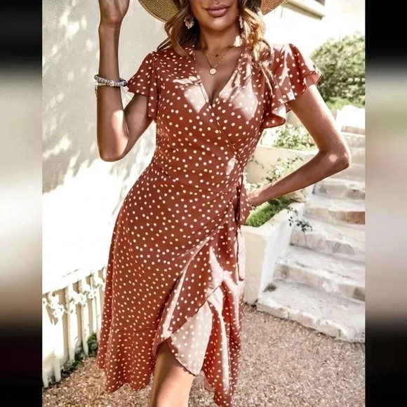 Polka Dot Print Butterfly Sleeve Knot Side Ruffle Trim Wrap Dress - Picture 1 of 5